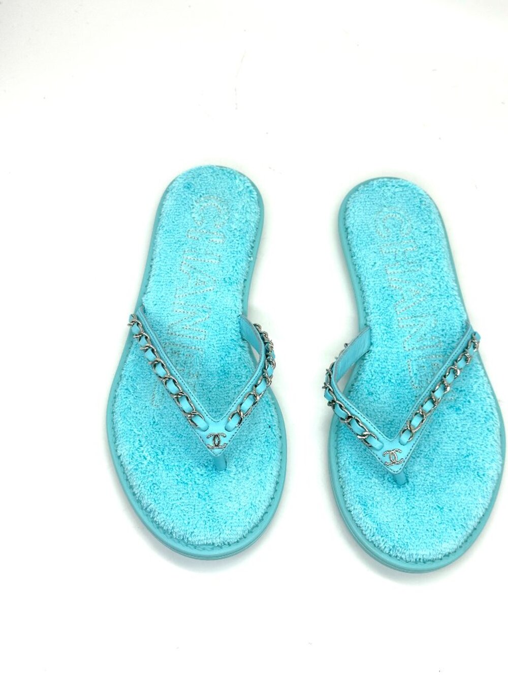 CHANEL 21S Leather Chain Terry Flip Flop Thong Flat Sandals Shoes - Picture 9 of 14